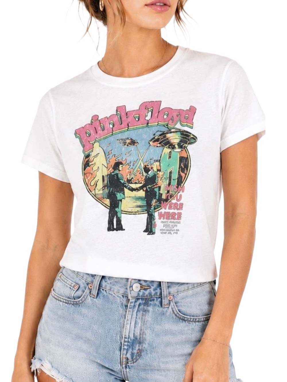 Pink Floyd Wish You Were Here Graphic Tee Women’s Medium Crop Top White